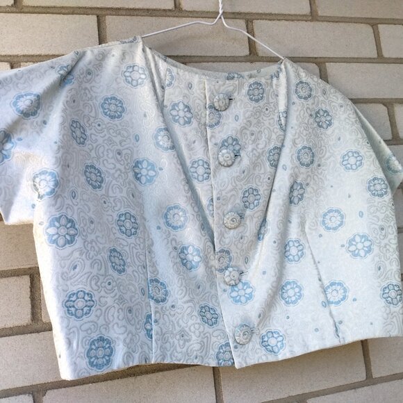 Vintage 60s Blue Silver Bolero Dress Jacket 42"B Rockabilly Shiny Brocade - Picture 8 of 13